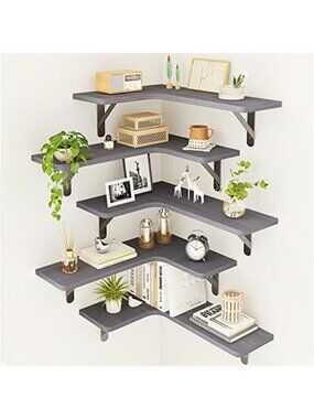 New Corner Floating Shelves Set of 5, Rustic Wood Wall Mounted Corner Shelf